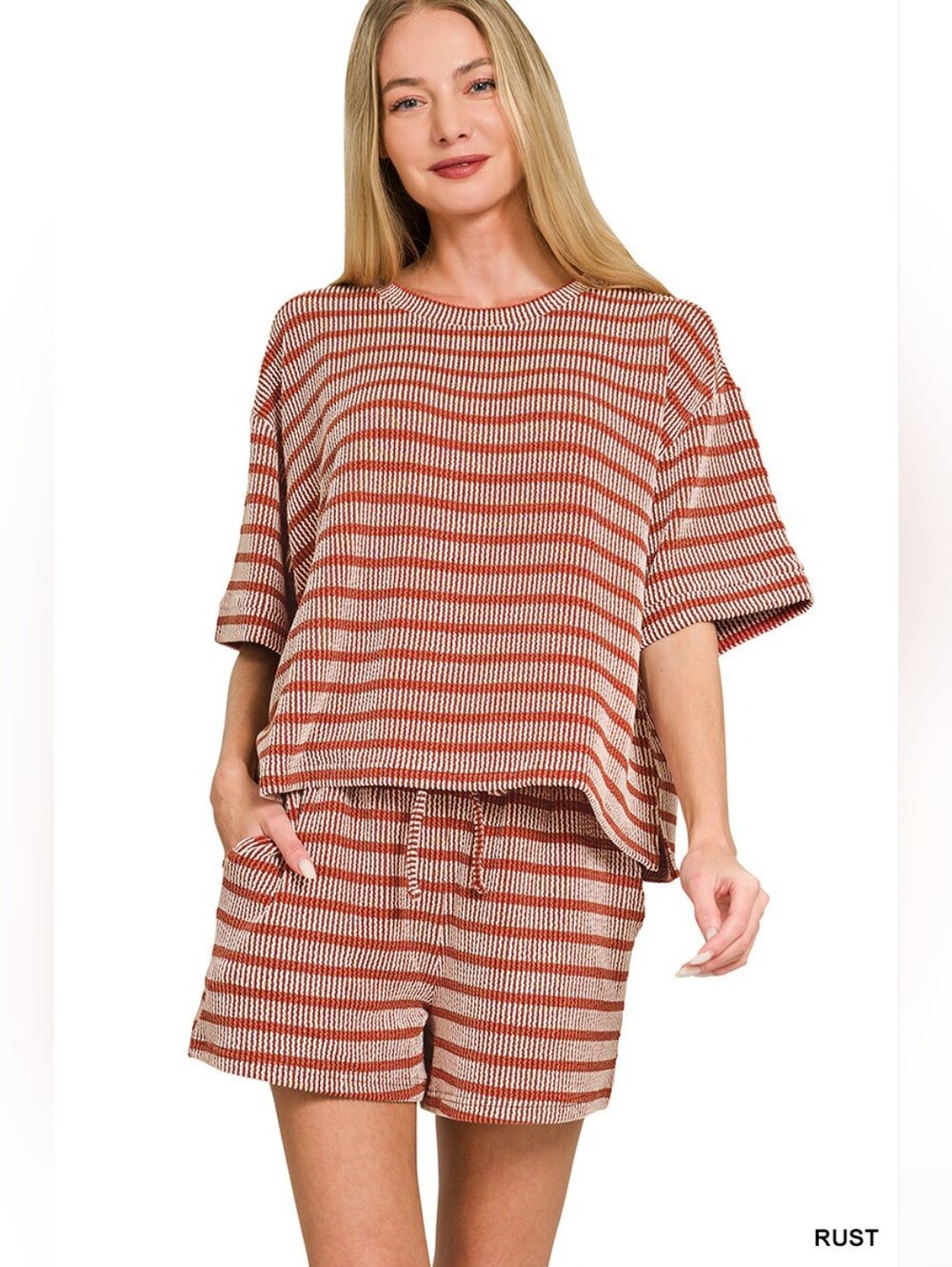 Zenana 2-Piece Rust Red Striped Crew Neck Oversized Lounge Shorts Pockets Set M